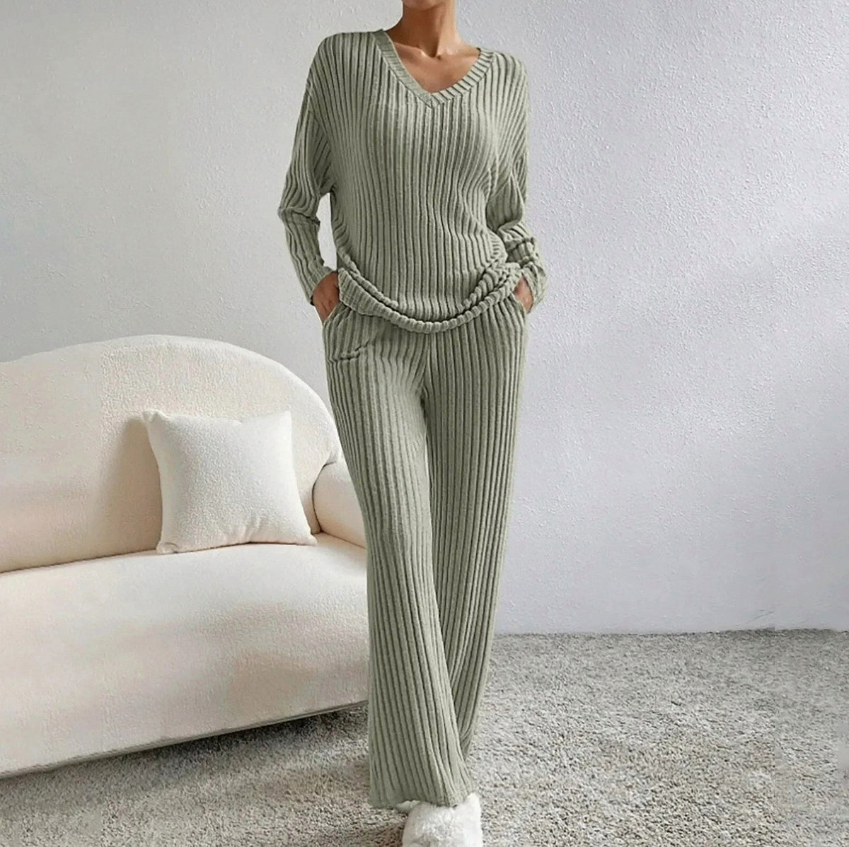 Knit Ribbed V Neck Long Sleeve Wide Leg Co Ord Set