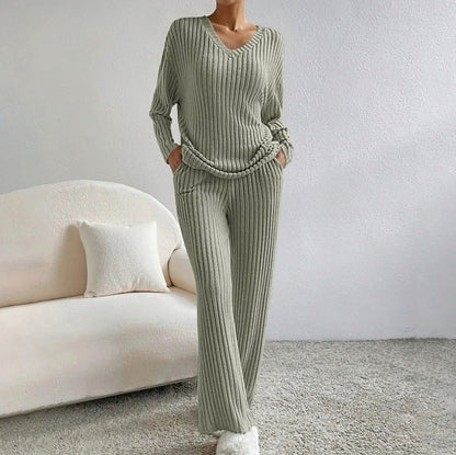 Knit Ribbed V Neck Long Sleeve Wide Leg Co Ord Set