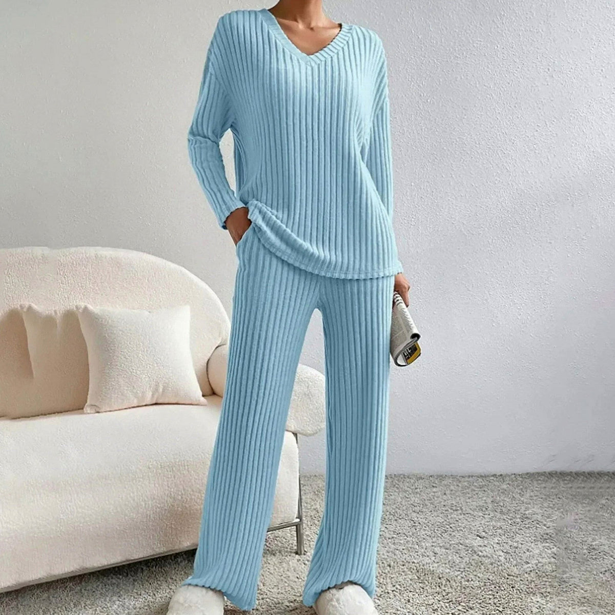 Knit Ribbed V Neck Long Sleeve Wide Leg Co Ord Set