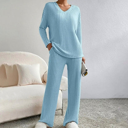 Knit Ribbed V Neck Long Sleeve Wide Leg Co Ord Set