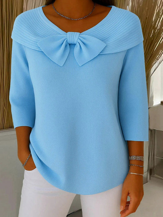 Knit Ribbed Bow Three Quarter Sleeve Top