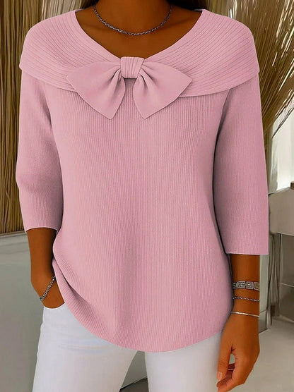 Knit Ribbed Bow Three Quarter Sleeve Top
