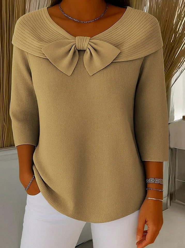Knit Ribbed Bow Three Quarter Sleeve Top