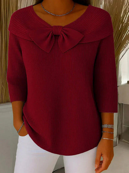 Knit Ribbed Bow Three Quarter Sleeve Top