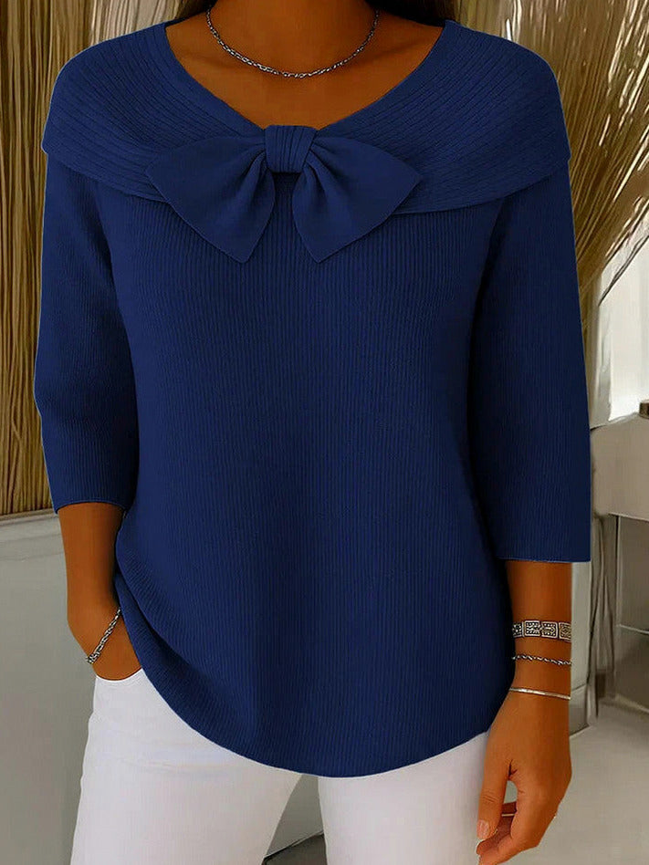 Knit Ribbed Bow Three Quarter Sleeve Top