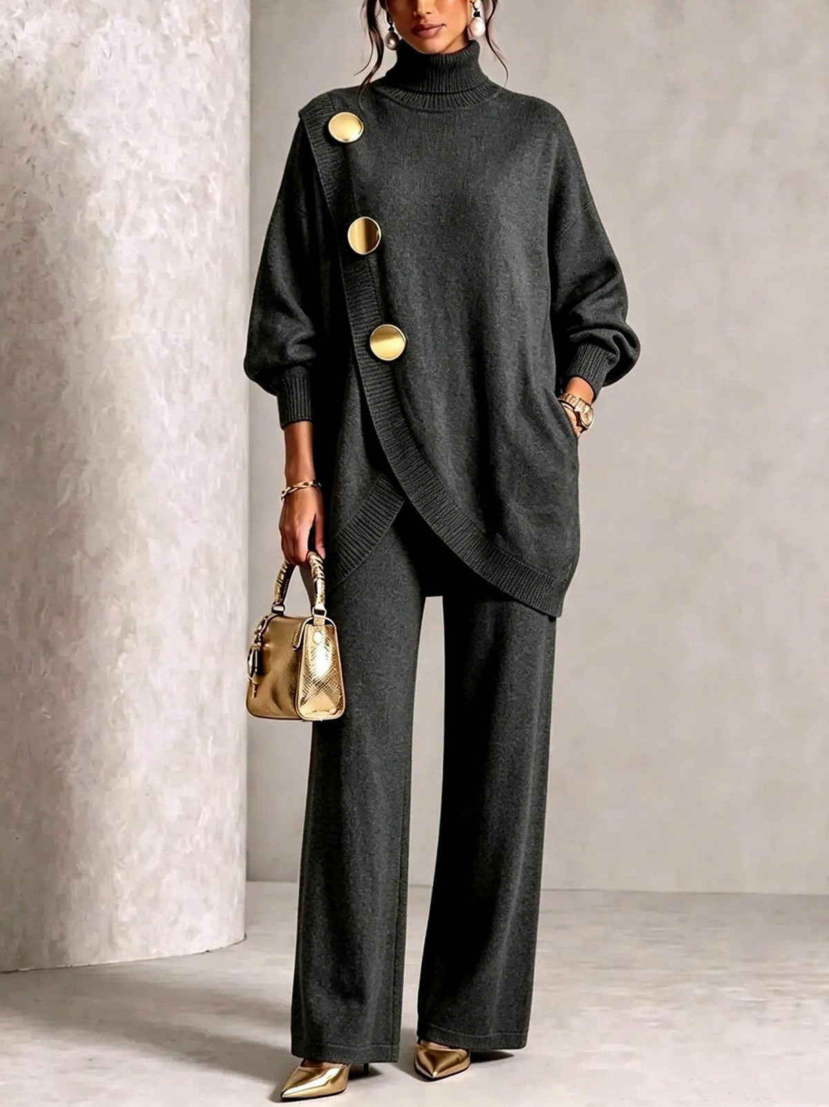 Knit Roll Neck Long Sleeve Two Piece Set