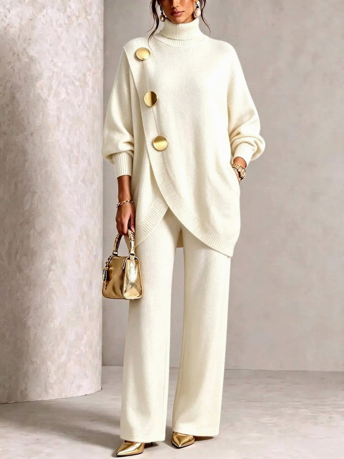 Knit Roll Neck Long Sleeve Two Piece Set