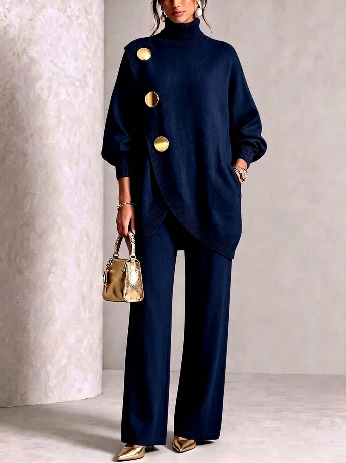 Knit Roll Neck Long Sleeve Two Piece Set
