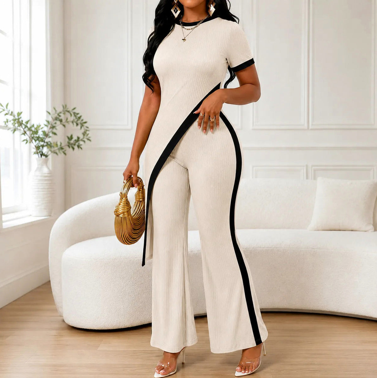 Ribbed Knit Flared Leg Co Ord Set