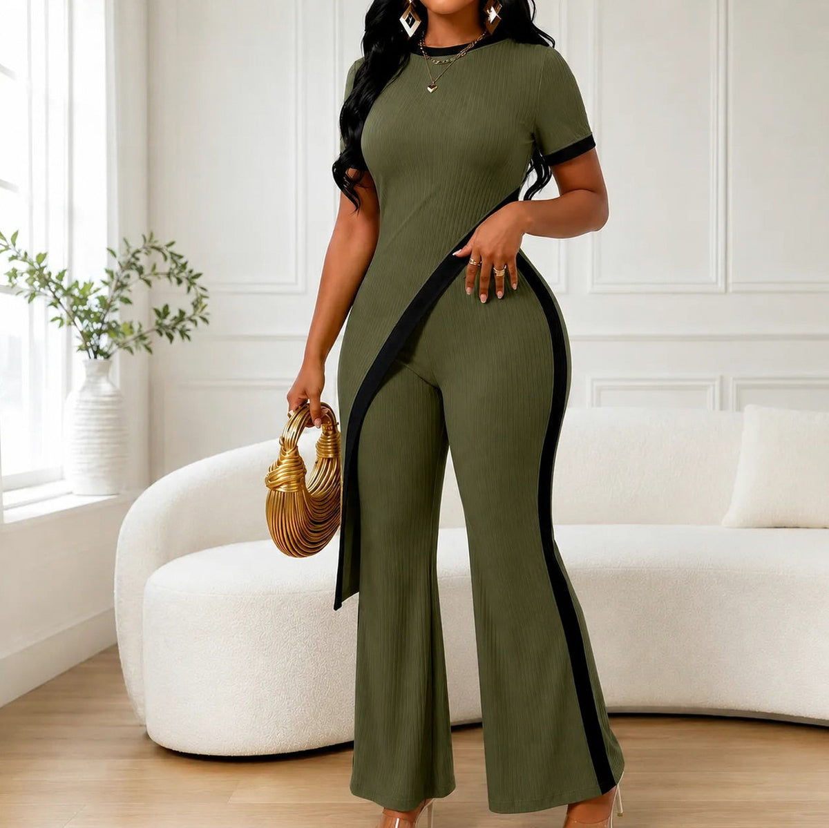 Ribbed Knit Flared Leg Co Ord Set