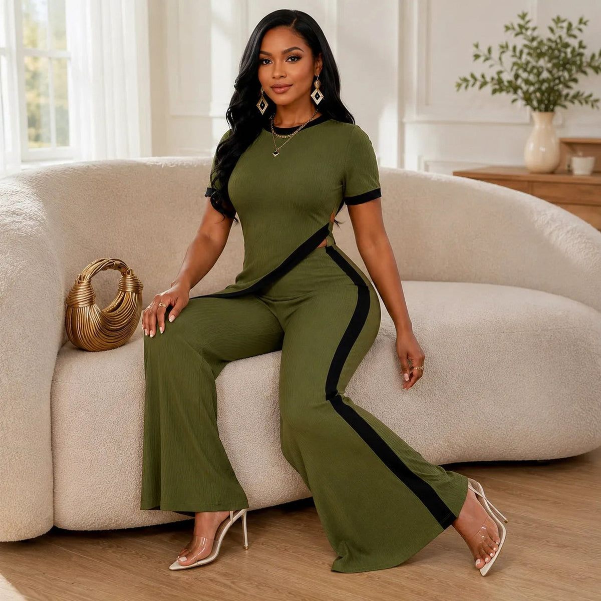Ribbed Knit Flared Leg Co Ord Set