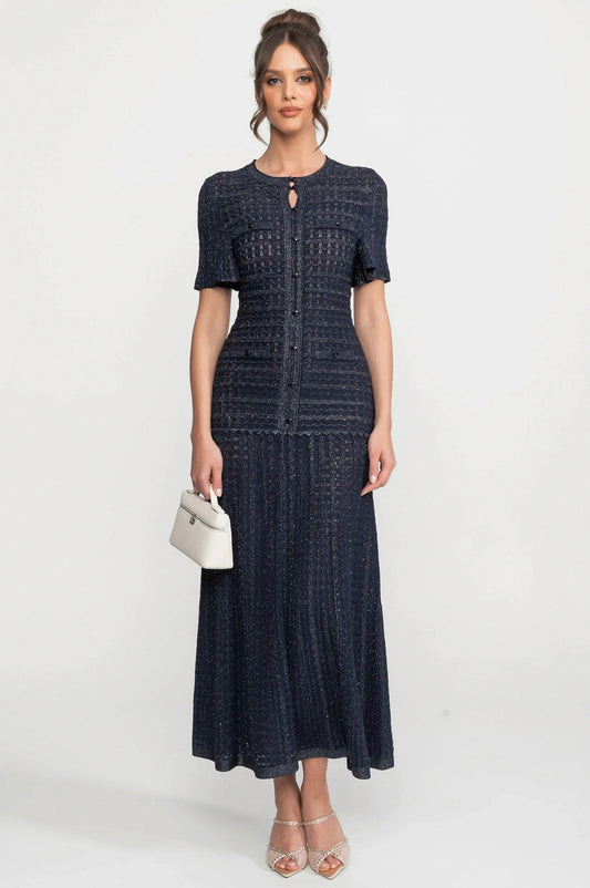 Knit Short Sleeve Pleated Maxi Dress
