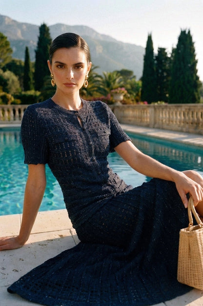 Knit Short Sleeve Pleated Maxi Dress