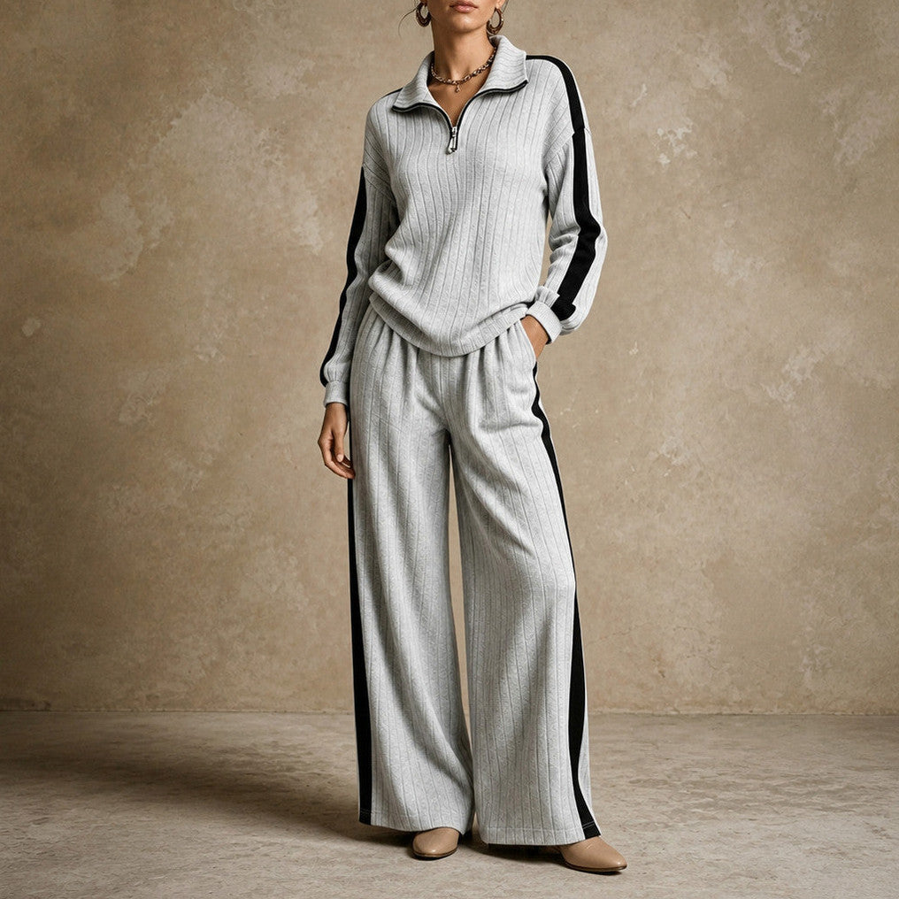 Knit Ribbed Side Stripe Half Zip Co Ord Set