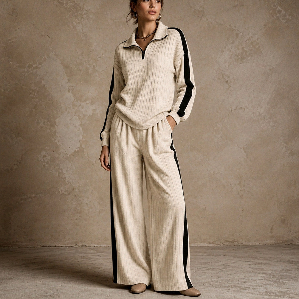 Knit Ribbed Side Stripe Half Zip Co Ord Set