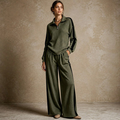 Knit Ribbed Side Stripe Half Zip Co Ord Set