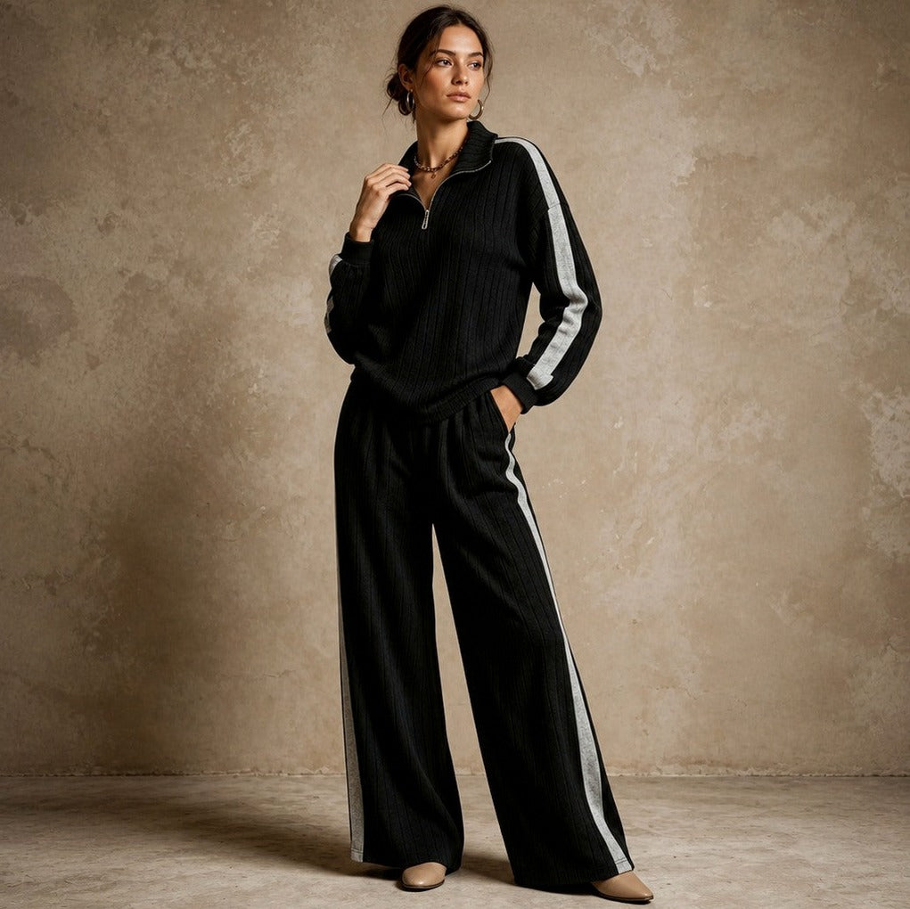 Knit Ribbed Side Stripe Half Zip Co Ord Set