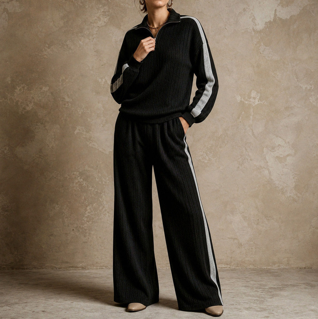 Knit Ribbed Side Stripe Half Zip Co Ord Set