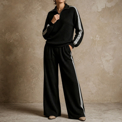 Knit Ribbed Side Stripe Half Zip Co Ord Set