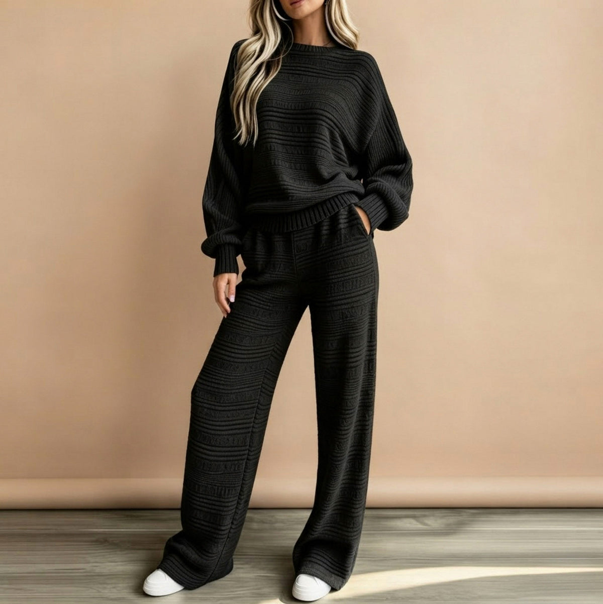 Knit Textured Stripe Crew Neck Long Sleeve Co Ord Set