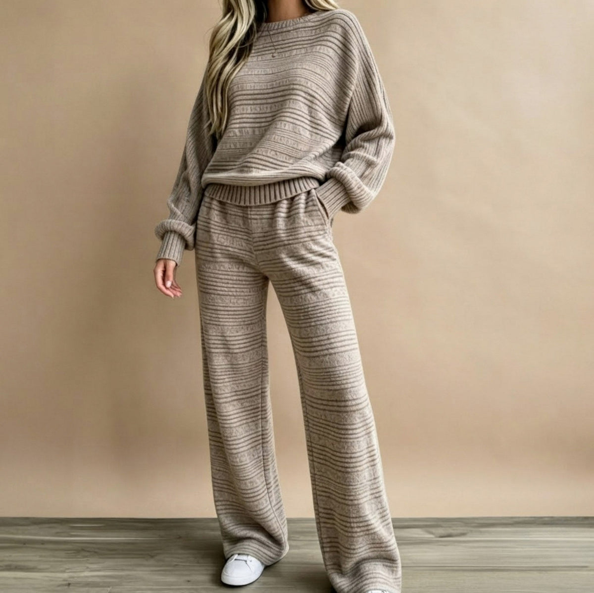 Knit Textured Stripe Crew Neck Long Sleeve Co Ord Set