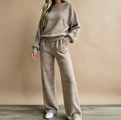 Knit Textured Stripe Crew Neck Long Sleeve Co Ord Set