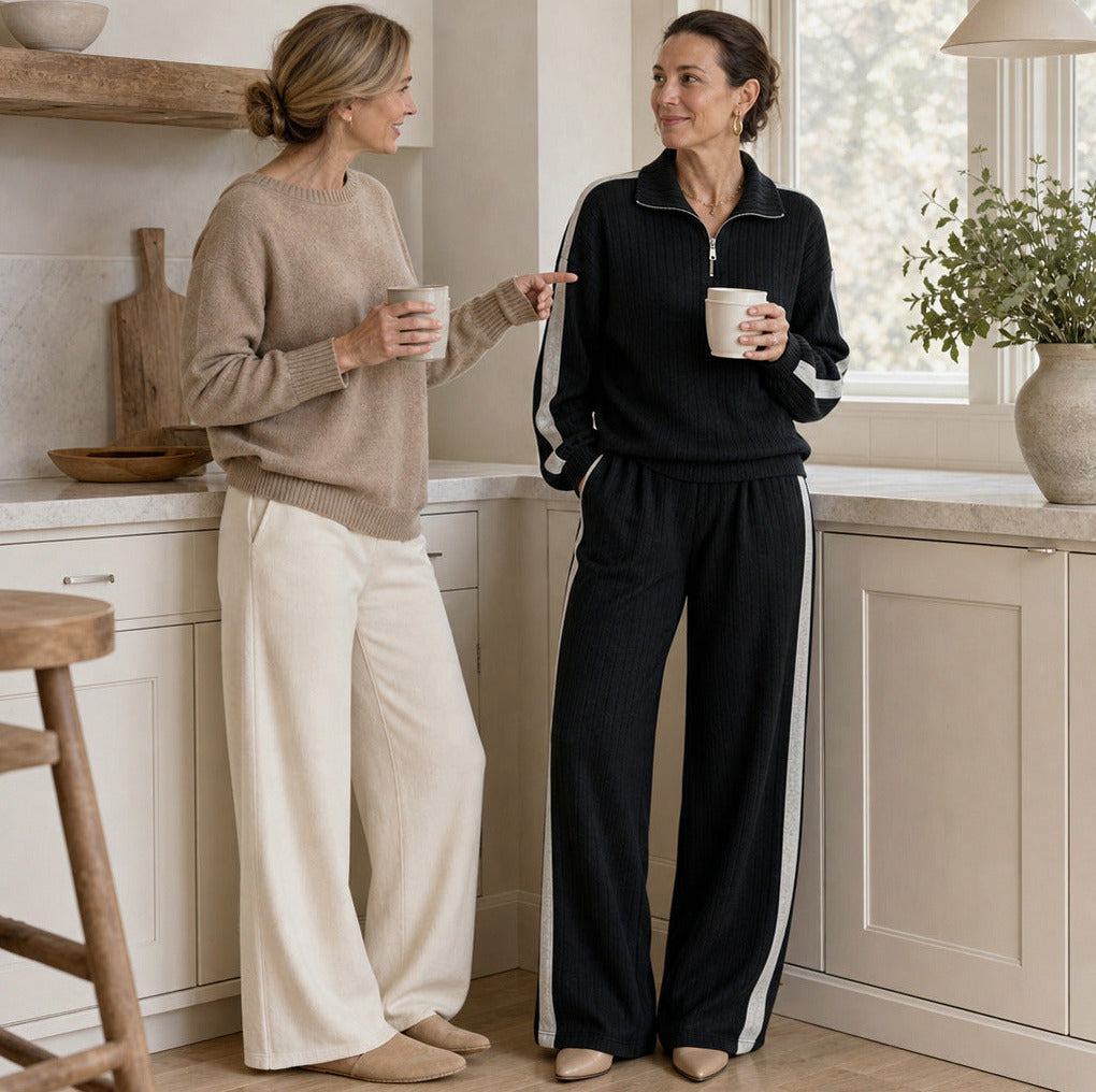 Knit Ribbed Side Stripe Half Zip Co Ord Set