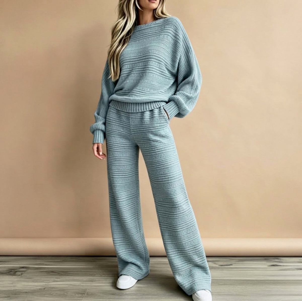 Knit Textured Stripe Crew Neck Long Sleeve Co Ord Set