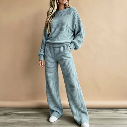 Knit Textured Stripe Crew Neck Long Sleeve Co Ord Set