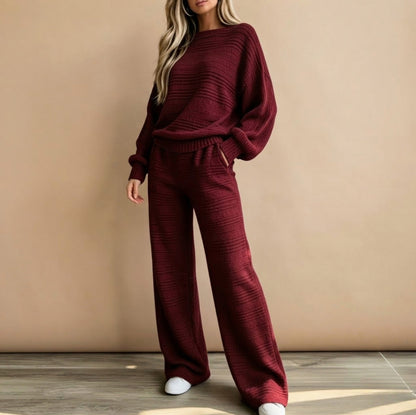 Knit Textured Stripe Crew Neck Long Sleeve Co Ord Set