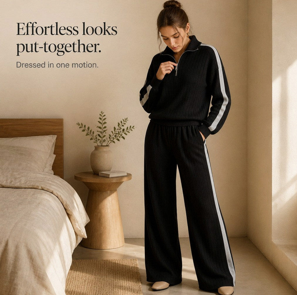 Knit Ribbed Side Stripe Half Zip Co Ord Set