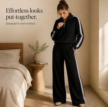 Knit Ribbed Side Stripe Half Zip Co Ord Set