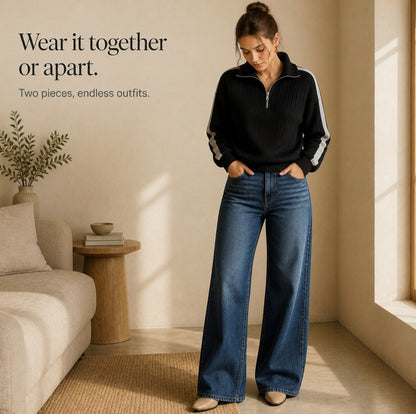 Knit Ribbed Side Stripe Half Zip Co Ord Set