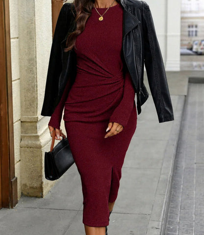 Knit Twist Front Long Sleeve Midi Dress