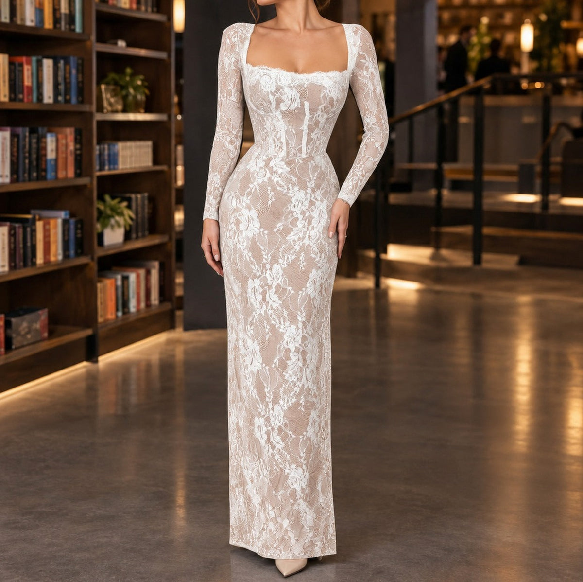 Lace Corset Long Sleeve Maxi Dress