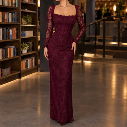 Lace Corset Long Sleeve Maxi Dress