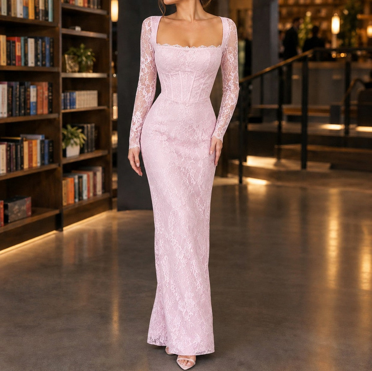 Lace Corset Long Sleeve Maxi Dress