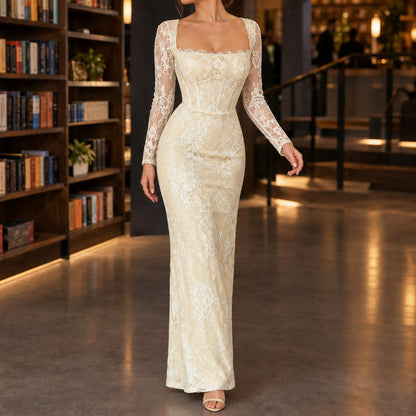 Lace Corset Long Sleeve Maxi Dress