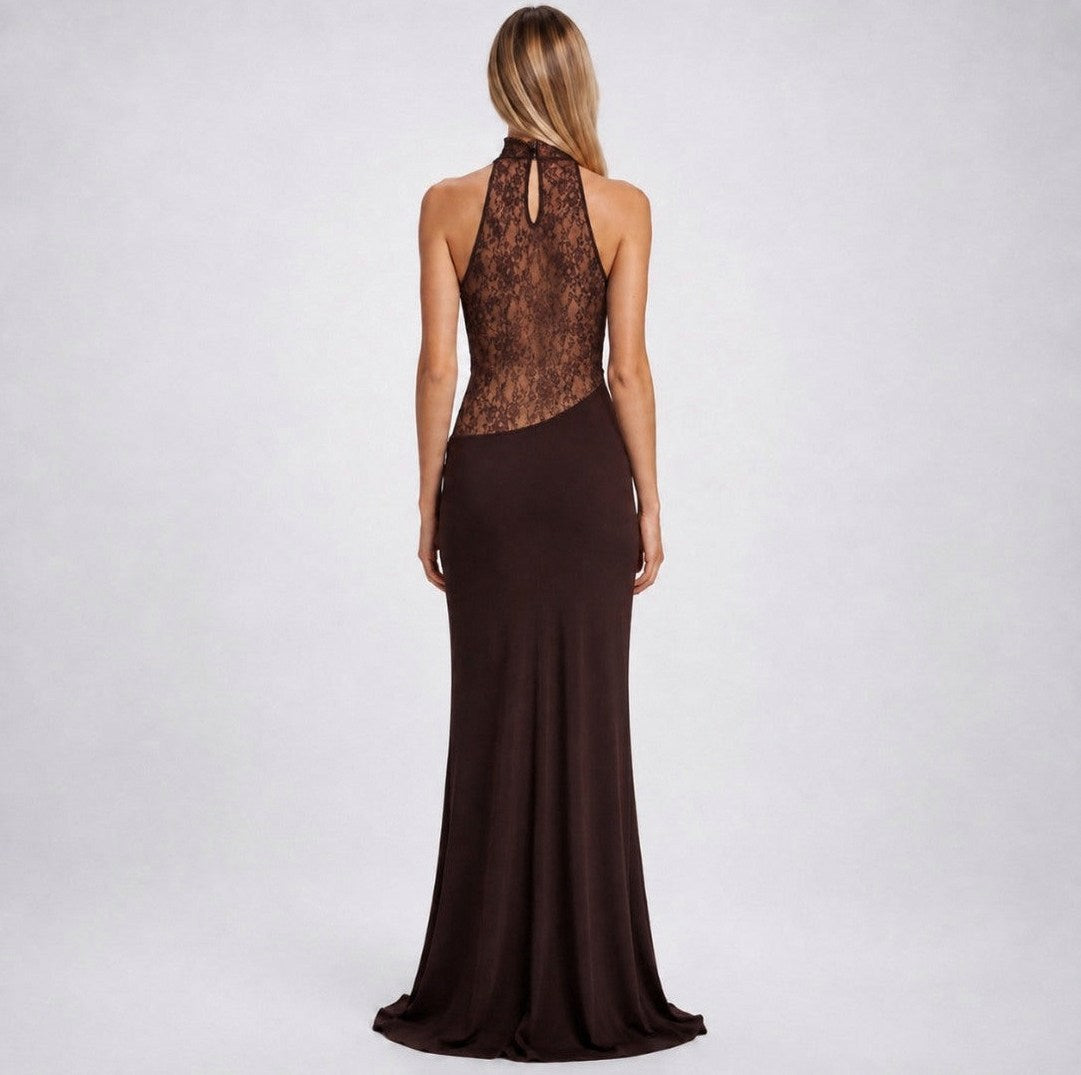 Lace Halterneck Cowl Cutout Maxi Dress