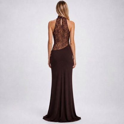 Lace Halterneck Cowl Cutout Maxi Dress