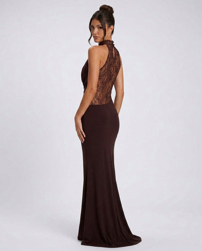 Lace Halterneck Cowl Cutout Maxi Dress