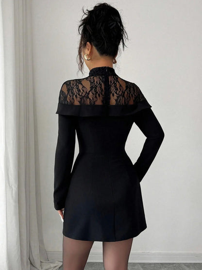 Lace High Neck Long Sleeve Mini Dress