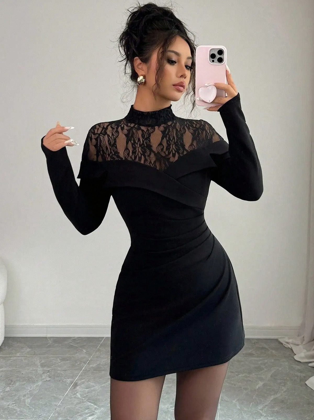 Lace High Neck Long Sleeve Mini Dress