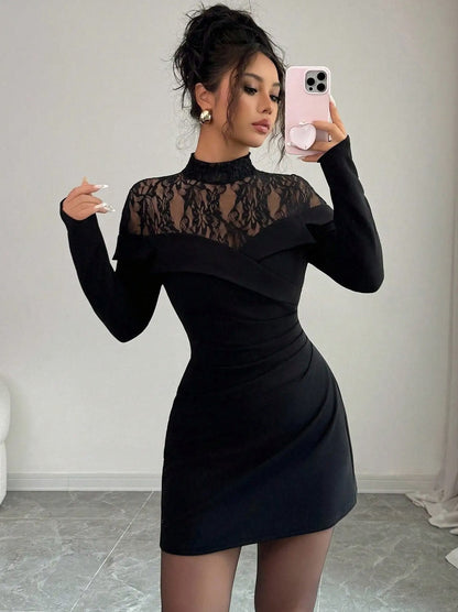 Lace High Neck Long Sleeve Mini Dress