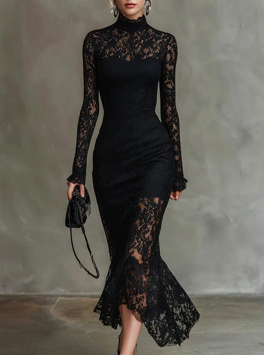 Lace Long Sleeve Mermaid Midi Dress