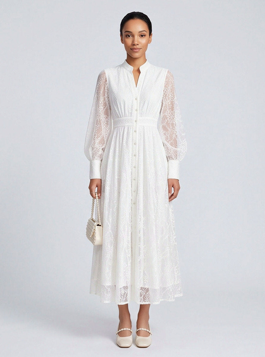 Lace Long Sleeve Midi Shirt Dress