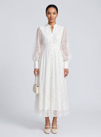 Lace Long Sleeve Midi Shirt Dress