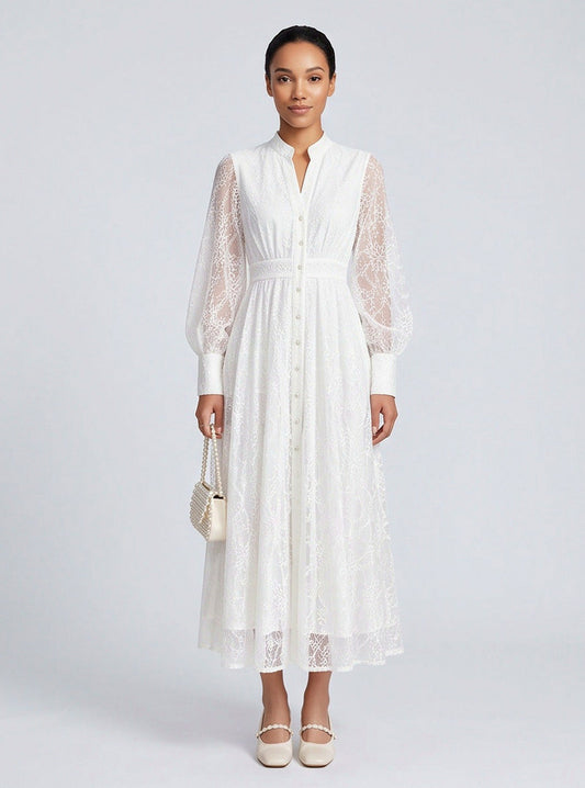 Lace Long Sleeve Midi Shirt Dress