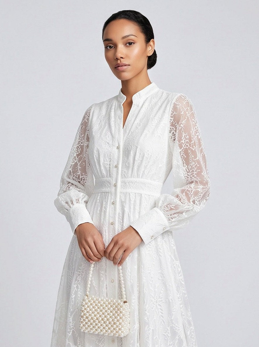 Lace Long Sleeve Midi Shirt Dress