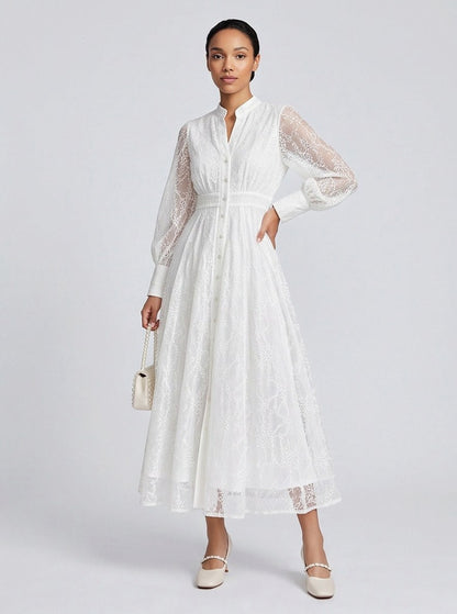 Lace Long Sleeve Midi Shirt Dress